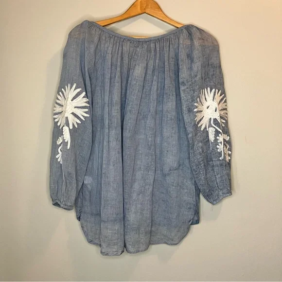 NWT DOLMA Floral Embroidered Blouse Blue with White Embroidery Size Small - Picture 11 of 12